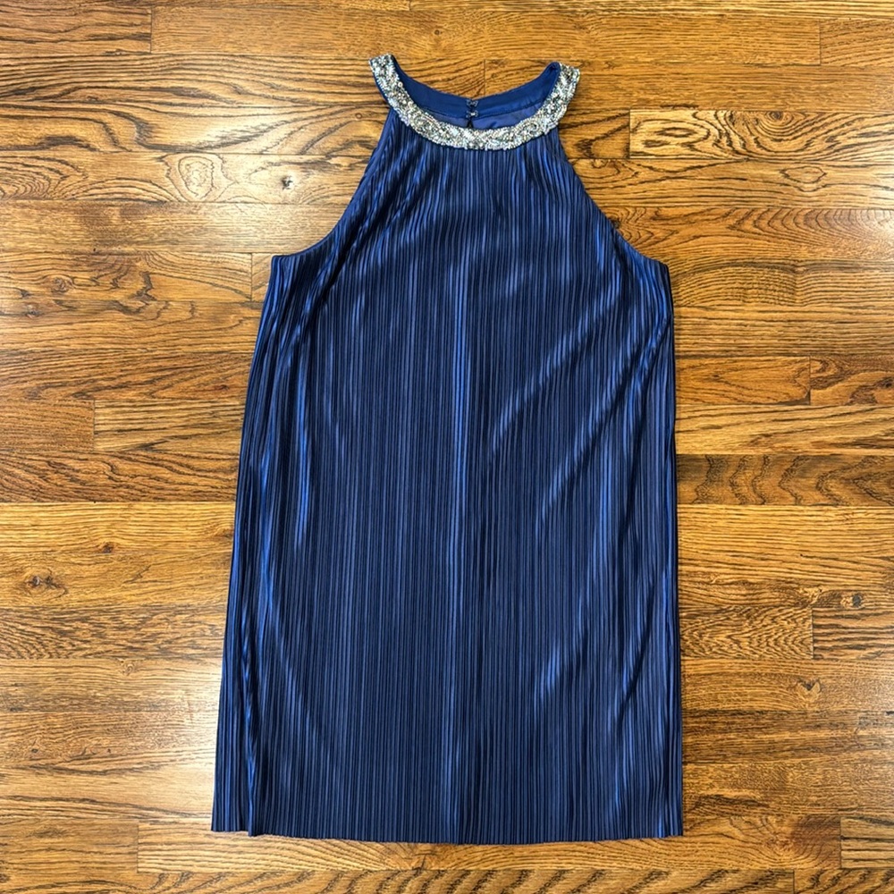 Navy Blue cocktail dress by Aidan Mattox, Size M, beading detail at neck.